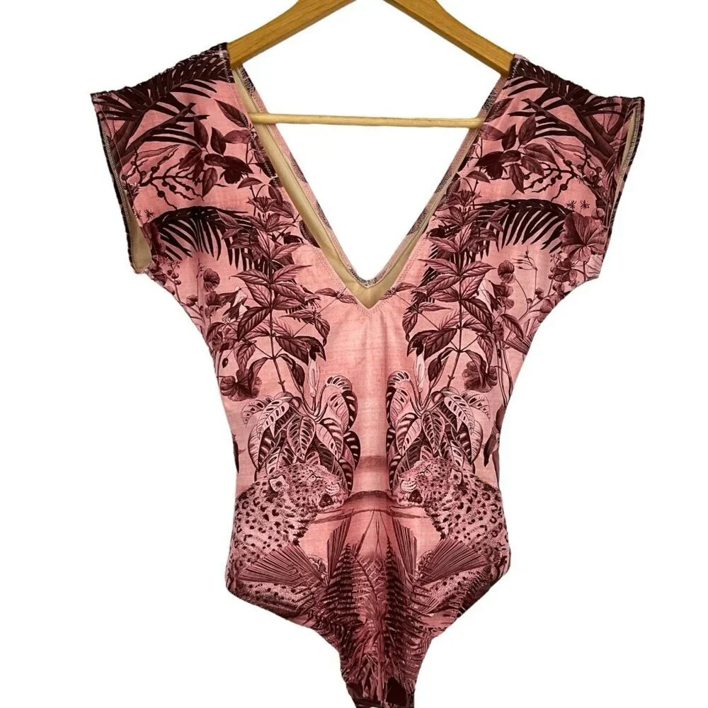 NWT Carolina K Liset One Piece Swimsuit Sepia Jungle Deep V Neck Back Size XS - Picture 1 of 10